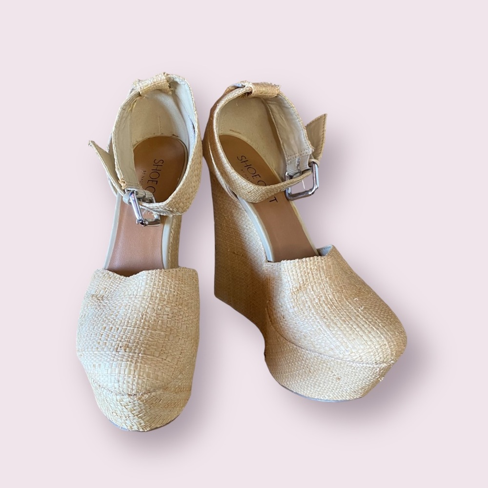 Shoe Cult by Nasty Gal Wicker Straw Covered Heels Wedge Shoes Size 8.5